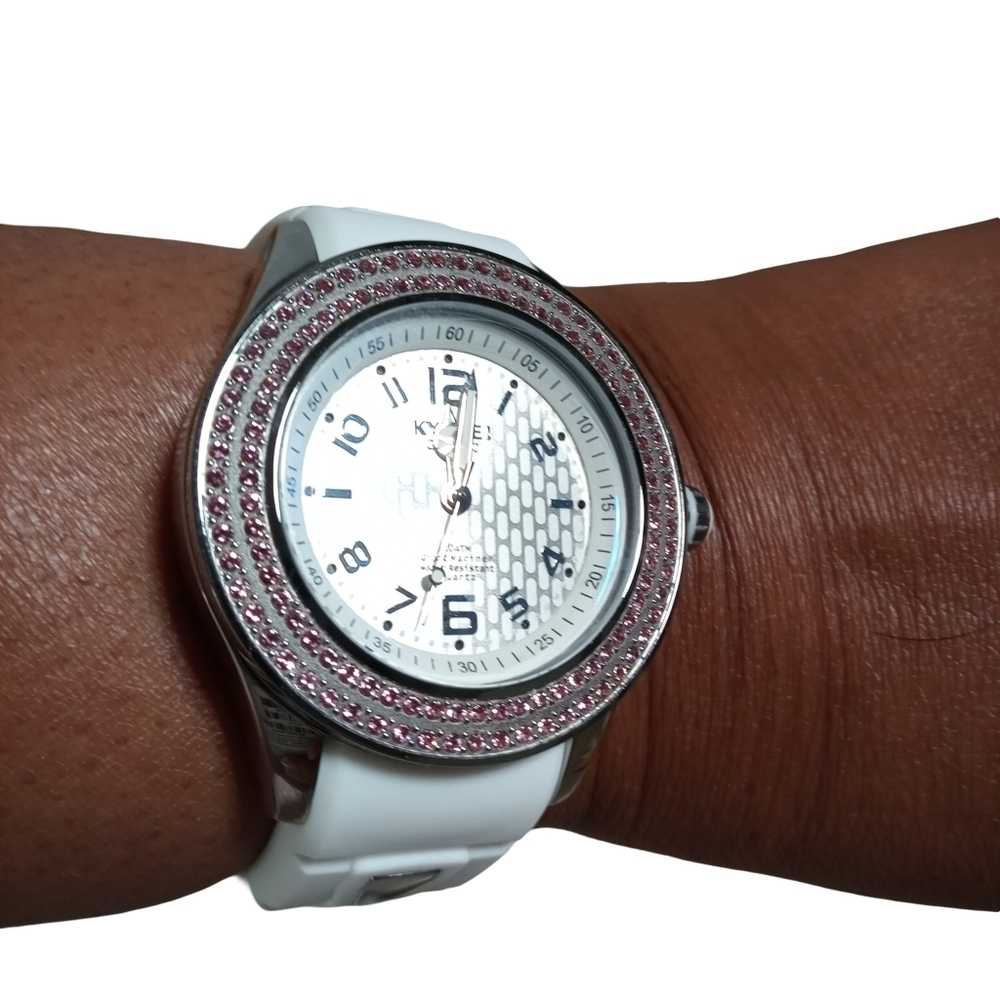 Kyboe Women's White Silicone Watch w/ Pink Crystal Bezel 40 mm